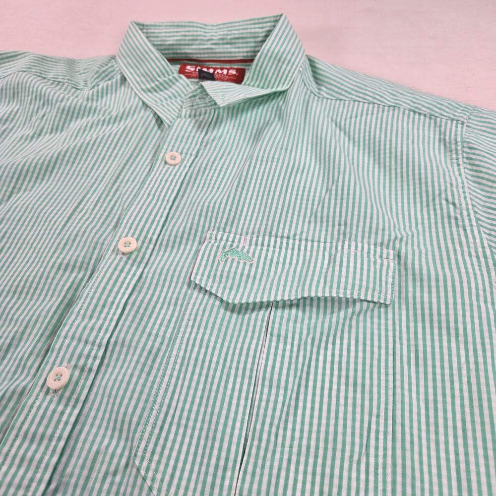 Simms Fishing Green Striped Short Sleeve Button Up Shirt Men's Size XL